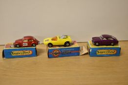 Three Matchbox Die-casts, 1970-1973 No 15 Volkswagen in red with racing number 137 and No 67