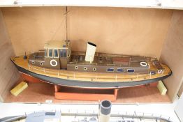 Model Boat hand built by Renowned Model Builder Allan Miller, wooden and plastic, Steam Tug Boat/
