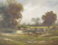 Artist unknown* a 19th/20th century oil on canvas, fishing pond with figure, unsigned, within a