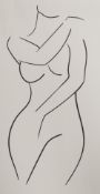 Artist unknown, monochrome print, nude female line drawing, within a slender black frame, under