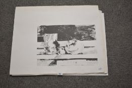 Artist unknown, a group of seven monochromatic prints, still life study, unsigned, unframed, 55cm