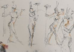 Artist unknown, pastels on Fabriano paper, surrealist sketch of figures in motion, within a broad