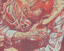 After Felicity Gill (British b.1969) limited edition lino-cut print 'Hold Tight' embracing lovers,