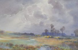 H Montgomerie (British 20th century) watercolour, 'Surrey Heath' crepuscular rays over a rural