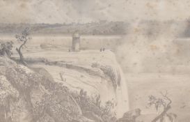 An interesting 19th century pencil drawing 'View of The Schloss Falls (Rhine, Germany) Taken from