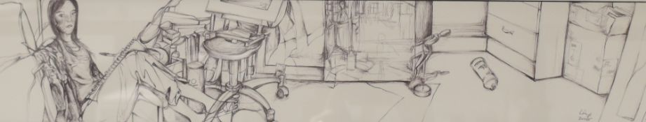 Linf (contemporary) ink on paper, artists studio interior with self portrait, signed and dated