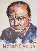 After Steve Penley (American b.1964) large colour print 'Never Give In' iconic portrait of Winston