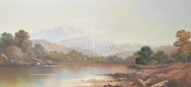 Artist unknown, 20th Century English School oil on canvas, landscape with trees, lake and mountains,