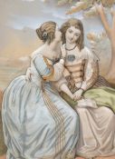 A Victorian decoupage/embossed print of two young women, seated within a lakeland setting, within