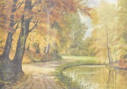 A 20th century colour print, autumnal park scene, indistinctly marked lower left, within a moulded