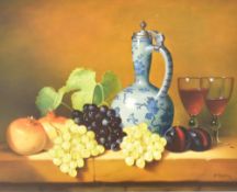 Ronald T Haslam (British b.1938) oil on canvas 'Fruit and Wine' still life study of fruit arranged