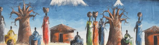 A decorative African school oil on canvas laid down on board, village scene with figures and