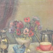 Ernest Riley (British 20th century) oil on canvas, still life study, vase of flowers at the beakfast