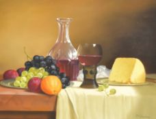 Ronald T Haslam (British b.1938) oil on canvas 'Fruit and Wine' still life study of fruit arranged
