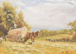 M Watson (20th century) oil on board, bygone harvest scene, signed lower left, within a moulded