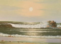 E Brooks (20th/21st century) oil on board, coastal scene with breaking waves, signed lower left,