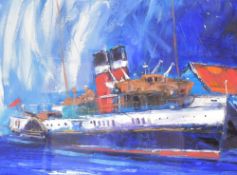 John Lowrie Morrison (Jolomo) (Scottish b.1948) oil on canvas 'Rain on The Waverley, North Pier,