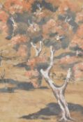 Artist unknown, bark painting showing blossom tree in the foreground, dead tree in the background,