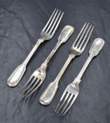 A set of four Victorian silver fiddle and thread pattern forks, having heraldic crests to the