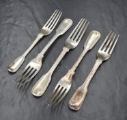 A group of five 19th century silver fiddle and thread pattern forks, having heraldic crests and