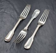 A group of three Victorian silver fiddle and thread pattern forks, marks for London 1845, maker