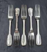 A group of five late William IV silver fiddle and thread pattern forks, having heraldic crests to