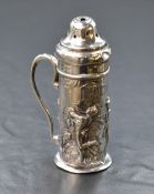 An Edwardian silver caster, of cylindrical form having a pierced top, embossed ancient Grecian