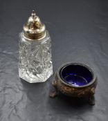 A George V silver capped cut glass sugar caster, of octagonal form with silver top, marks for