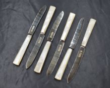 A cased set of silver and mother-of-pearl dessert knives, the silver blades having canted mother-