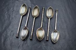 A group of six George V silver rat-tail teaspoons, having moulded terminals with 'F.G.C' engraved,