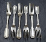 A set of six Victorian silver fiddle and thread pattern forks, having heraldic crests to the