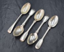 A group of five 19th/early 20th century spoons, four of fiddle and thread pattern and one of Old