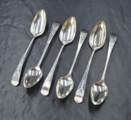 A set of six Georgian silver Old English pattern teaspoons, having decorative engraving and 'H'