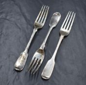 A group of three Victorian silver fiddle pattern forks, marks for London 1875, maker Chawner & Co,