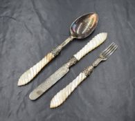 A cased Victorian silver and mother-of-pearl christening set, comprising a knife, fork and spoon,