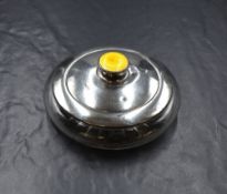 An Edwardian silver and guilloche enamel mounted glass vanity powder jar, of flattened circular form