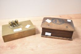 A rectangular metal box having hammered patterns and three wise monkey figurines, w15.5cm, sold