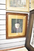 Head and shoulders portrait of an old man in a black suit, print, framed and glazed w47cm x h54