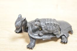 A Japanese metal turtle sculpture depicting small turtle on the back of the adult turtle, L13cm