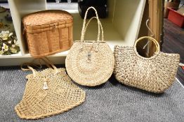 Two woven handbags, largest w41cm, sold together with a basket and a shopper tote bag, (4)