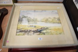 A watercolour of Bursledon Bridge from Eastlands Boatyard, signed bottom right, 62cm x 53cm overall,