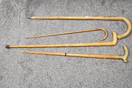 An early 20th century brass top walking stick / cane, h86cm, sold together with 3 others, (4)