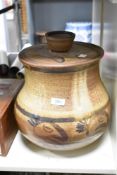 A large studio pottery storage jar / bread crock, hand painted with stylised bird patterns, h33cm