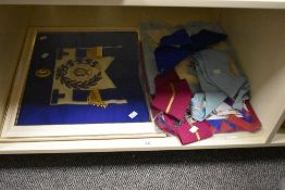 A framed Grande Lodge Undress Apron, w55cm, sold together with various other Masonic items