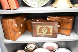 A 19th century burr wood box having mother of pearl motif, w30cm, sold together with 3 similar