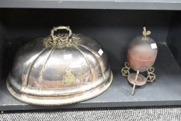 A plated meat dome having etched decoration and beaded handle, w41cm sold together with a novelty