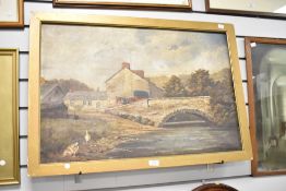 An early 20th century oil on board depicting farmhouse beside a river, signed bottom right, 83cm x