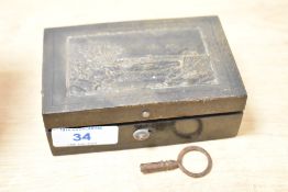 A small musical box with key, the box front decorated with landscape scene, L11cm