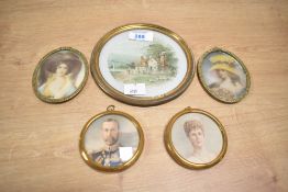 An early 20th century portrait miniature depicting the late King, w7cm, sold together with 3