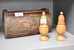 A pair of wooden salt and pepper shakers, h11.5cm, sold together with a lidded box, (2)